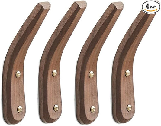 Wood Wall Hooks, 4 Pack Heavy Duty Rustic Coat Hooks Wall Mounted, Decorative Hooks for Hanging Bathroom Towels Clothes Hanger for Wall(Walnut Wood