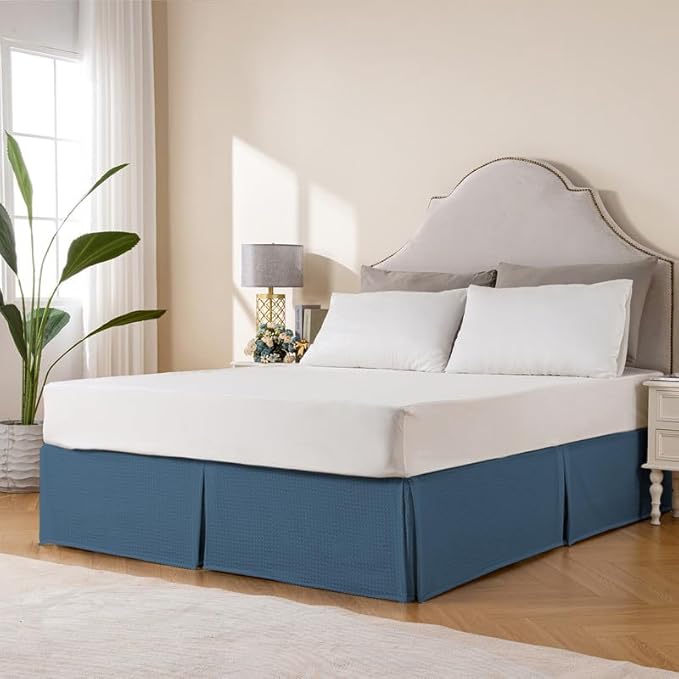 MIYE Pleated Waffle Weave Bed Skirt, Tailored Dust Ruffle 12 Inch Drop Easy Fit, Machine Washable (Blue, King - 12" Drop)