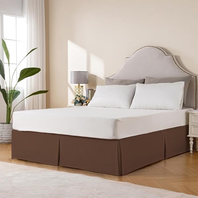 MIYE Pleated Waffle Weave Bed Skirt, Tailored Dust Ruffle 18 Inch Drop Easy Fit, Machine Washable (Brown, Full - 18" Drop)