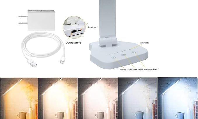 LED Desk Lamp Dimmable Table Lamp Reading Lamp with USB Charging Port, 5 Lighting Modes, Sensitive Control, 30/60 Minutes Timer (Silver)