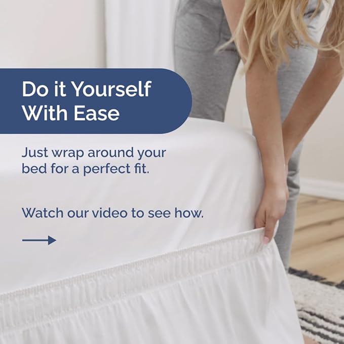 Wrap Around Dust Ruffle Bed Skirt - White - for Full Size Beds with 12 Inch Drop - Easy Fit Elastic Strap - Adjustable Pleated Bedskirt w/Brushed Fabric - Wrinkle Free - for Women, Men, Kids & Teens