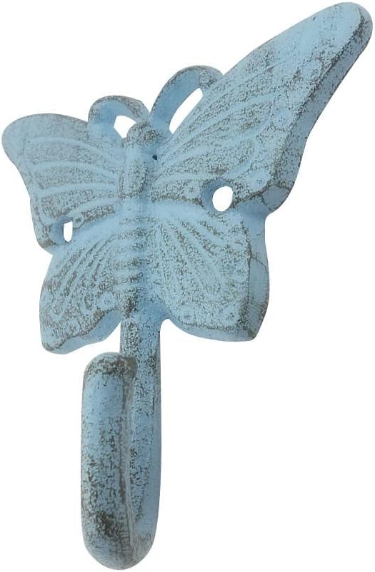 Handcrafted Nautical Decor Rustic Light Blue Cast Iron Butterfly Hook 6"