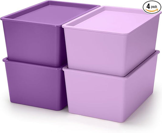 Menkxi 4 Pcs Storage Bins with Lids Plastic Stackable Containers for Organizing Shelves Christmas Ornament Box Baskets(Dark Purple, Light Purple,Small)