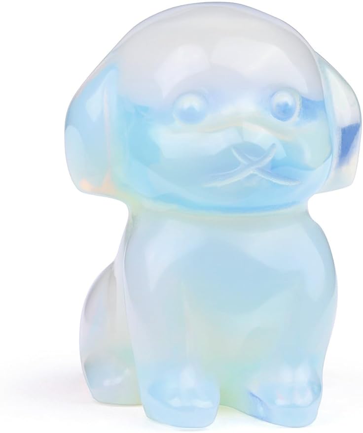Jovivi Opalite Crystal Sitting Dog Statue Home Decor 1.6" Carved Gemstone Puppy Dog Figurines Pocket Sculpture Reiki Healing Stones Decorative Ornament Gift