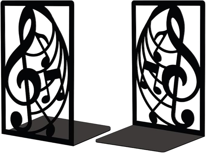 Peacoblue Metal Bookends for Shelves, Modern Decorative Heavy Duty Study Book Support Stoppers for Desk, Shelf, Room 5.3"x4.3"x7.9" Cast Iron Simple Tall Bookends to Hold Books, 1 Pair (Musical Note)