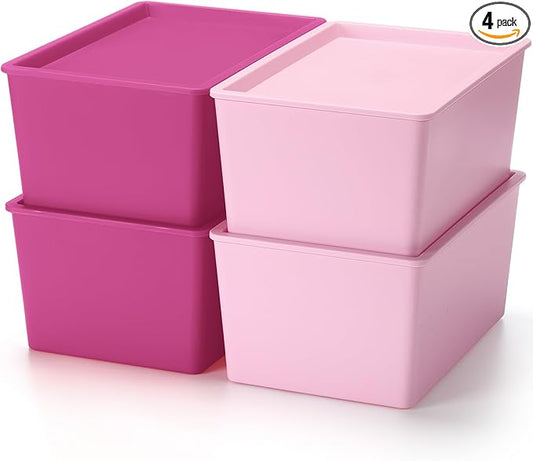 Menkxi 4 Pcs Storage Bins with Lids Plastic Stackable Containers for Organizing Shelves Christmas Ornament Box Baskets(Dark Pink, Light Pink,Large)