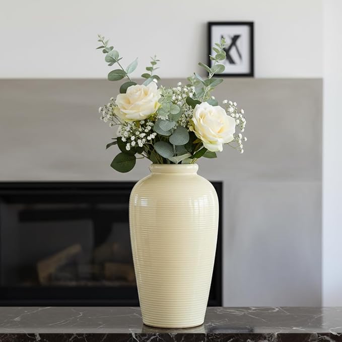 Beige Ceramic Vase for Home Decor - 11 Inch Tall Boho Vases for Flower Modern Textured Vase for Centerpieces, Pampas Grass, Living Room, Kitchen Island Decor, Fireplace, Entryway Decorations