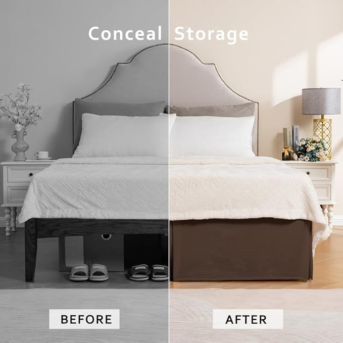 MIYE Pleated Waffle Weave Bed Skirt, Tailored Dust Ruffle 18 Inch Drop Easy Fit, Machine Washable (Brown, Queen - 18" Drop)