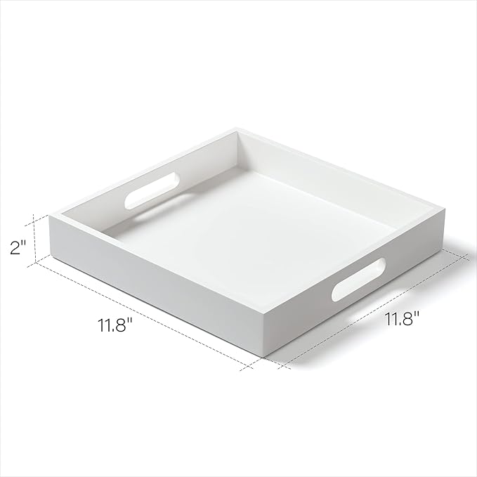 White Wooden Serving Tray with Handles, 12"x12"x2"H Square Countertop Organizer Tray， Decorative Cosmetics Trays for Kitchen, Bathroom, Sturdy Food Trays for Breakfast, Tea