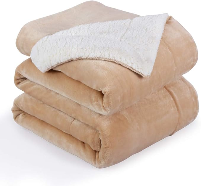 NANPIPER Bed Blanket Reversible Sherpa Flannel Blanket Super Soft Fuzzy Plush Fleece Microfiber (90"x90" Beige) Queen