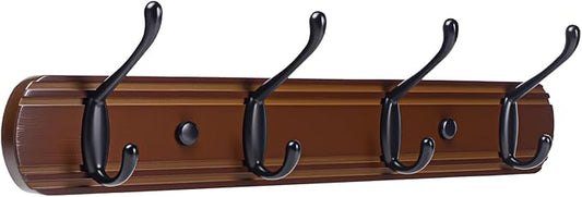 Coat Hooks Wall Mount, Wood Bamboo Wall Coat Rack with 4 Metal Hooks for Hanging Clothes, Towels, Keys, Bags(Brown&Black)