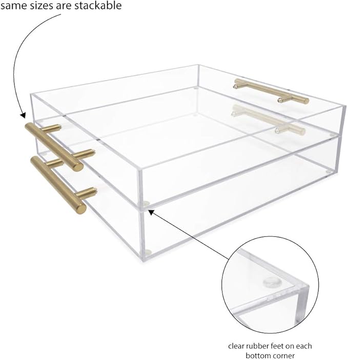 Isaac Jacobs Clear Acrylic Serving Tray (12x12) with Gold Metal Handles, Spill-Proof, Stackable Organizer, Food & Drinks Server, Indoors/Outdoors, Lucite Storage Décor (12x12, Clear with Gold Handle)