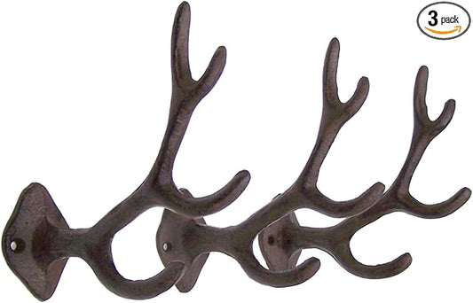 Wowser Antler Wall Hooks, Set of 3, Wall Mounted Decoration, Rustic Decor, 5.5 Inches (Brown)