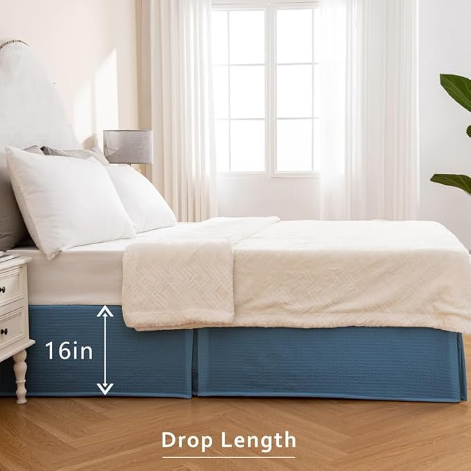 MIYE Pleated Waffle Weave Bed Skirt, Tailored Dust Ruffle 16 Inch Drop Easy Fit, Machine Washable (Blue, Twin - 16" Drop)