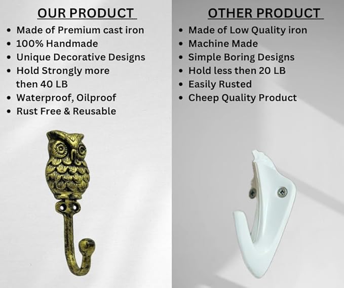 Set of 3 Cast Iron OWL Shape Coat Hooks Wall Art Decor-OWL Shape Hangers and Key Holder-Clothes Rack and Backpack Hanger-Coat Hooks Home Decor for Storage,Living Room (Brass Antique)