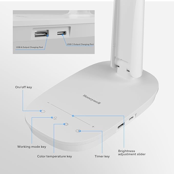 Honeywell LED Desk Lamp - HWT-H2 Sunturalux™ Eye-Caring Foldable Desk Light with USB A+C Dual Charging Port 4 Color Modes Dimmable Table Lamp for Home Office Bedroom Reading Study Work - White