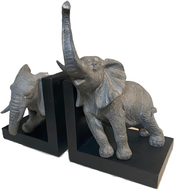 Comfy Hour 12" Large Elephant Decorative Bookends, Unique Heavy Duty Animal Book Ends for Shelves, Vintage Polyresin Book Stopper for Heavy Books, Gray & Black, 1 Pair