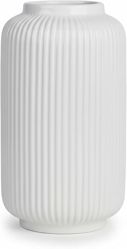 White Ceramic Flower Vase, 8 Inch Ribbed Vase for Pampas Grass, Fresh or Dried Flowers, Decorative Centerpiece for Living Room, Kitchen, Bookshelf, Office Decor
