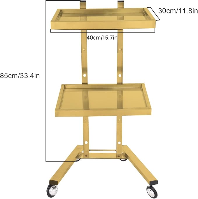 2-Tray Metal Rolling Cart, Stainless Steel Salon Tray Trolley, Foldable Utility Carts Quiet Lockable Wheels, Salon Trolley for Beauty Spa Esthetician dentals Tools, Cavitation Machine, Gold