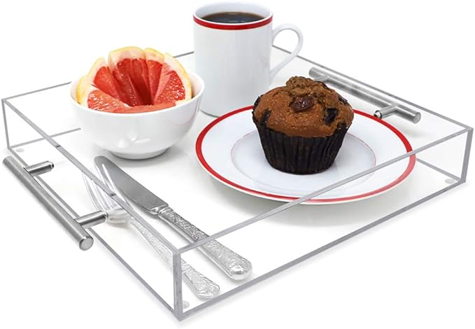 Isaac Jacobs Clear Acrylic Serving Tray (15x15) with Silver Metal Handles, Spill-Proof, Stackable Organizer, Food & Drinks Server, Indoors/Outdoors, Lucite Storage (15x15, Clear with Silver Handle)