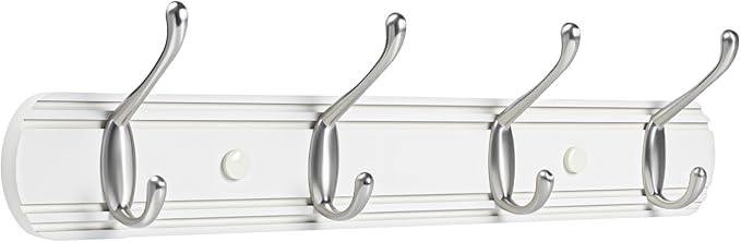 Coat Hooks Wall Mount, Wood Bamboo Wall Coat Rack with 4 Metal Hooks for Hanging Clothes, Towels, Keys, Bags(White&Brushed Nickel)