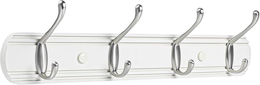 Coat Hooks Wall Mount, Wood Bamboo Wall Coat Rack with 4 Metal Hooks for Hanging Clothes, Towels, Keys, Bags(White&Brushed Nickel)