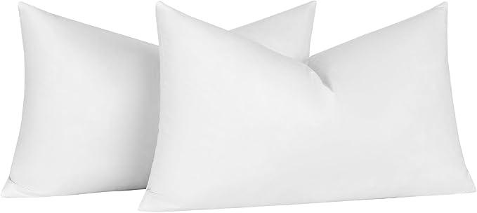 basic home 16X26 Oblong Feather & Down Pillow Insert, 100% Cotton Fabric, Set of 2, White