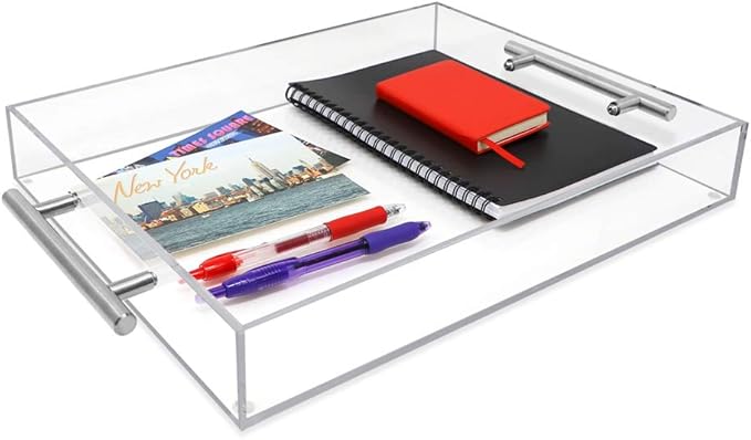 Isaac Jacobs Clear Acrylic Serving Tray (11x14) with Silver Metal Handles, Spill-Proof, Stackable Organizer, Food & Drinks Server, Indoors/Outdoors, Lucite Storage (11x14, Clear with Silver Handle)