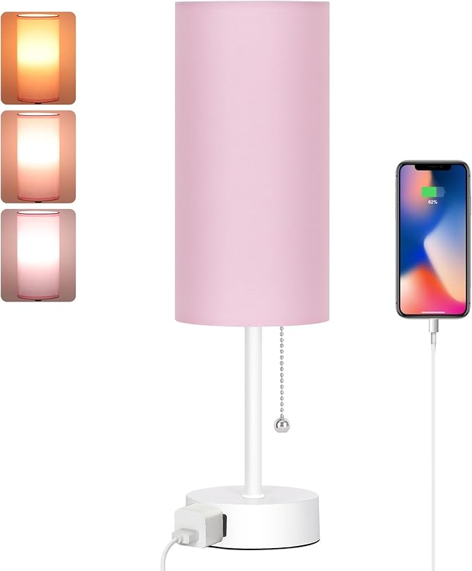 Dott Arts Table Lamp for Bedroom, 3-Color Bedside Lamps with Pull Chain, Bedroom Table Lamps for Nightstand,AC Outlet Small Lamp for Living Room, Bulb Included Pink