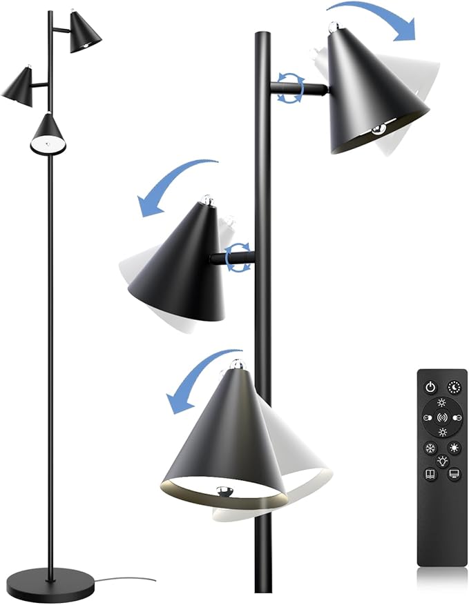 KimYan Tree Floor Lamp with Remote, Dimmable 3 Rotatable LED Lights, 5 Color Temperatures, 63" Modern Standing Lamp for Living Room, Bedroom, Office Reading Light