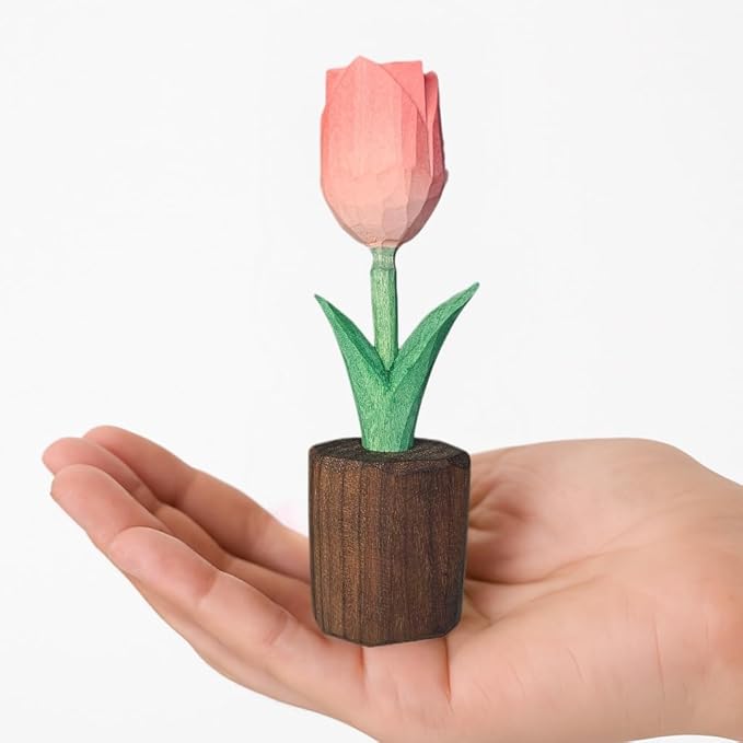 Handcrafted Wooden Tulip Figurine – Elegant Basswood Carved Sculpture, Unique Gift with Premium Gift Box, Ideal for Mother’s Day, Anniversary, Birthday, Home Office Décor (Pink)