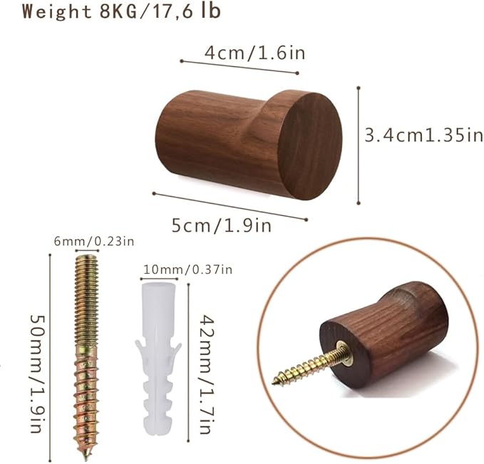 Wood Wall Hooks 6 Pack Natural Wooden Coat Hooks Handmade Rustic Hat Hooks Heavy Duty Entryway Wall Hangers for Hanging Towels, Clothes Bag (Walnut Wood