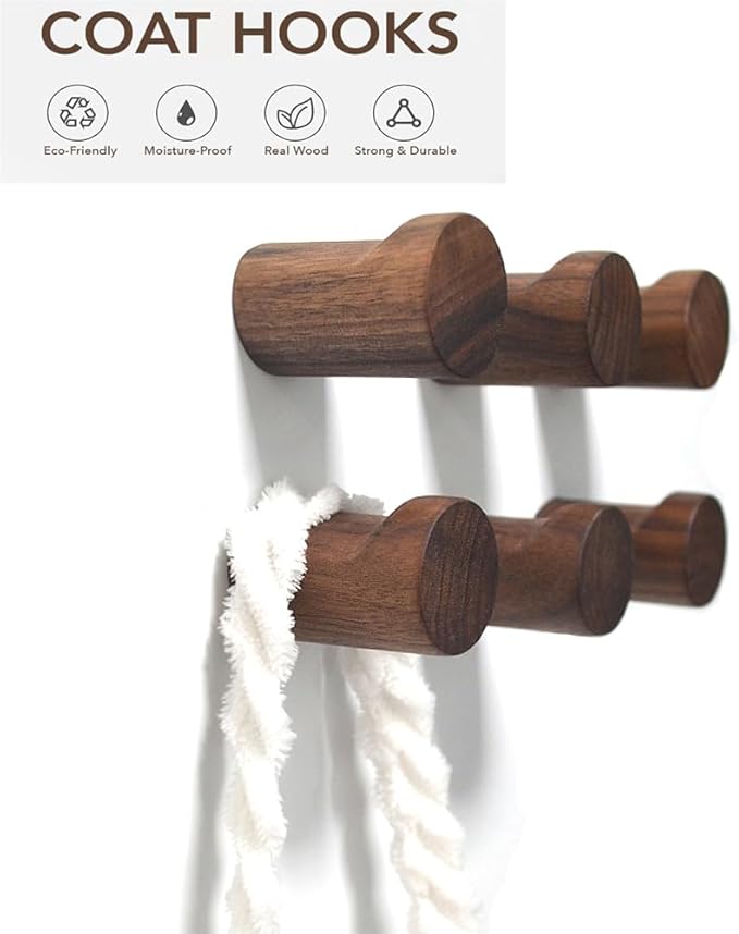 Wood Wall Hooks 6 Pack Natural Wooden Coat Hooks Handmade Rustic Hat Hooks Heavy Duty Entryway Wall Hangers for Hanging Towels, Clothes Bag (Walnut Wood