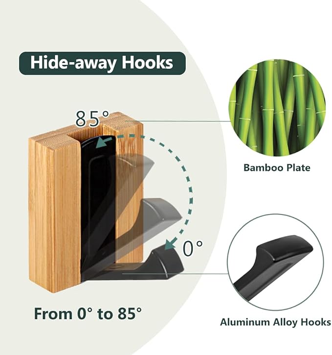 JSVER Wooden Wall Hooks Wall Mounted Wall Hooks, Single Organizer Hook Rack, Folding Wood Wall Hangers, Wall Coat Rack Hooks for Hanging Clothes, Hats, Bags, Towels, Keys (6PCS/Set)
