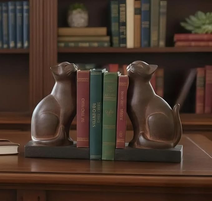 Comfy Hour 7" Resin Cat Bookends - Ancient for Shelves, Farmhouse Collection, Heavy Duty Vintage Decorative Book Stoppers, Home Office, Library, Living Room, Bronze Black Finish, 1 Pair
