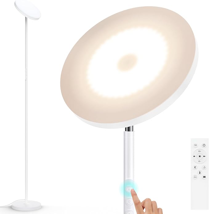 WOWLUMEN Floor Lamp,Bright 36W 3500LM Standing Lamp with Remote, 2700K Soft White to 6500K Cool White Adjustable,Touch Control Dimmable Torchiere Tall Light for Living Room,Bedroom,Office,Sofa(White)