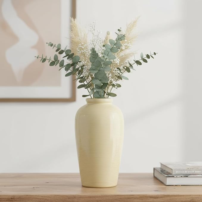 Beige Ceramic Vase for Home Decor - 11 Inch Tall Boho Vases for Flower Modern Textured Vase for Centerpieces, Pampas Grass, Living Room, Kitchen Island Decor, Fireplace, Entryway Decorations