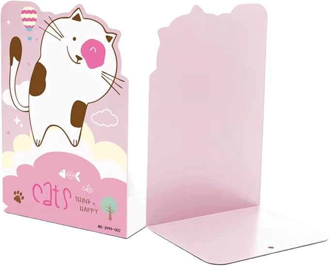 2 Pack Metal Bookends,Non-Slip Cute Cat Cartoon Book Stopper,5.3"x3.9"x8"Heavy Duty Premium Decorative Book End, Supports for Kids Children Shelves,School,Room,Office,Learning Gifts