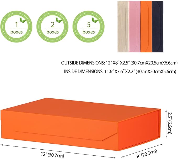 Orange Gift Boxes with Lids 12x8x2.5 Inches, Shirt Gift Boxes for Wrapping, Magnetic Gift Boxes Bulk for Presents （Orange Peel Grain;5Pcs）