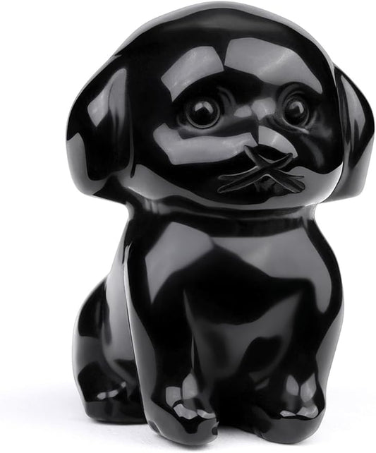 Jovivi Natural Black Obsidian Crystal Sitting Dog Statue Home Decor 1.6" Carved Gemstone Puppy Dog Figurines Pocket Sculpture Reiki Healing Stones Decorative Ornament Gift