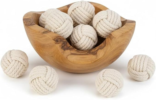 Set of 6 Cotton Rope Balls – Decorative Nautical Accents – for Vase Fillers, DIY Crafts, Rustic Living Room Decor – Handmade Knot Ornaments for Tray Styling, Coastal Display, or Housewarming Gift