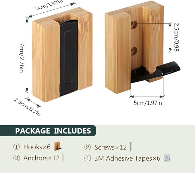 JSVER Wooden Wall Hooks Wall Mounted Wall Hooks, Single Organizer Hook Rack, Folding Wood Wall Hangers, Wall Coat Rack Hooks for Hanging Clothes, Hats, Bags, Towels, Keys (6PCS/Set)
