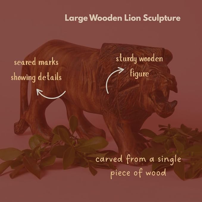 Large Wood Lion Sculpture, Statues, Animal Figurines, Home Decor Accents, Living Room, Office, Desk, Coffee Table, Book Shelf, Hand Carved, African, Brown
