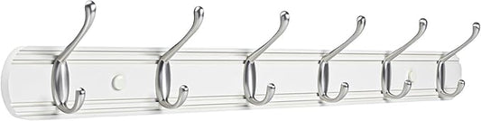 Coat Hooks Wall Mount, Wood Bamboo Wall Coat Rack with 6 Metal Hooks for Hanging Clothes, Towels, Keys, Bags(White&Brushed Nickel)