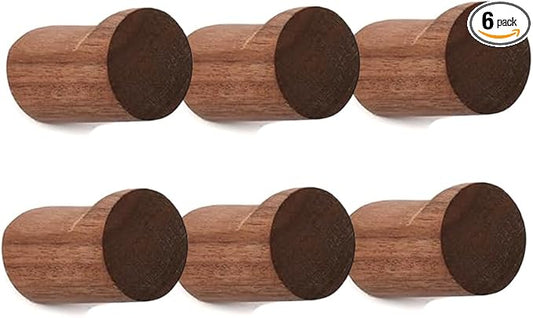 Wood Wall Hooks 6 Pack Natural Wooden Coat Hooks Handmade Rustic Hat Hooks Heavy Duty Entryway Wall Hangers for Hanging Towels, Clothes Bag (Walnut Wood