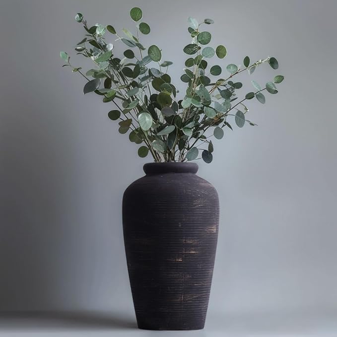 Large Black Vase - 11" Tall Rustic Farmhouse Vase, Black Ceramic Vintage Decorative Vase for Dining Table, Shelf, Bedroom, Living Room, Kitchen, Office, Bathroom, Mantle, Centerpiece Décor