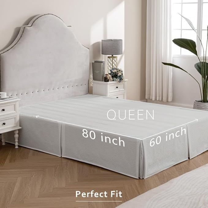 MIYE Pleated Waffle Weave Bed Skirt, Tailored Dust Ruffle 14 Inch Drop Easy Fit, Machine Washable (Light Grey, Queen - 14" Drop)