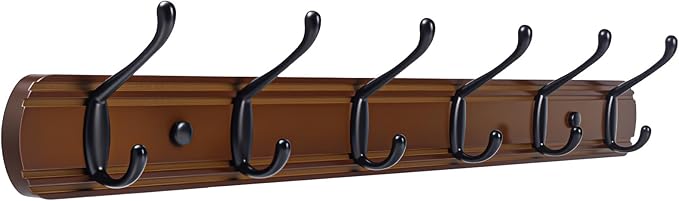 Coat Hooks Wall Mount, Wood Bamboo Wall Coat Rack with 6 Metal Hooks for Hanging Clothes, Towels, Keys, Bags(Brown&Black)