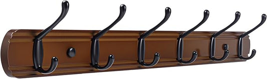 Coat Hooks Wall Mount, Wood Bamboo Wall Coat Rack with 6 Metal Hooks for Hanging Clothes, Towels, Keys, Bags(Brown&Black)