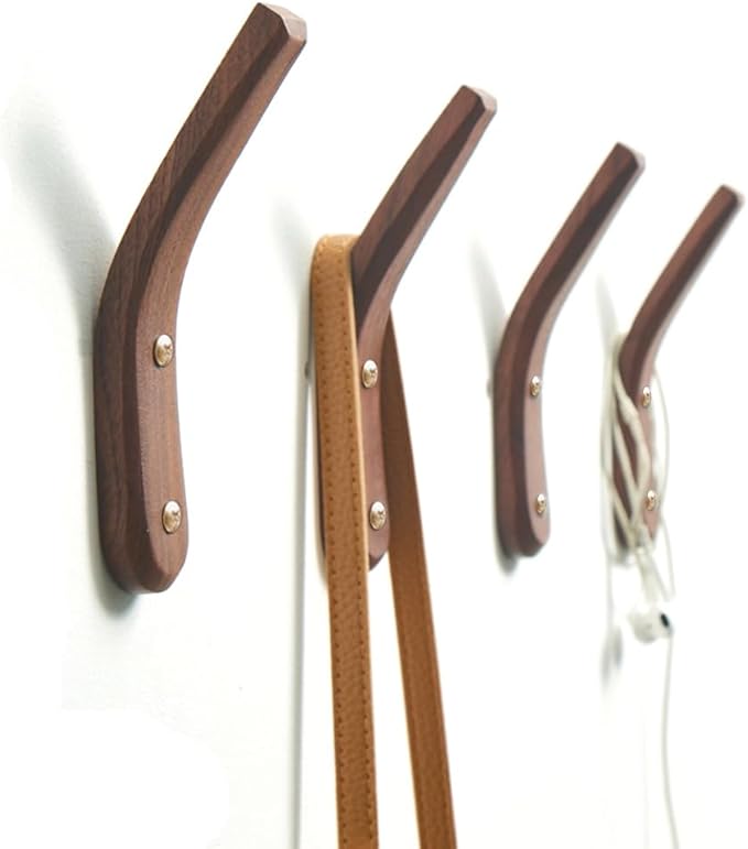 2 Pack Coat Hook Wood Hooks Wall Hanging, Minimalist Easy to Install Natural mid-Century Decorative Hooks for Hanging Bathroom Towels Clothes Hanger for Wall(Walnut Wood
